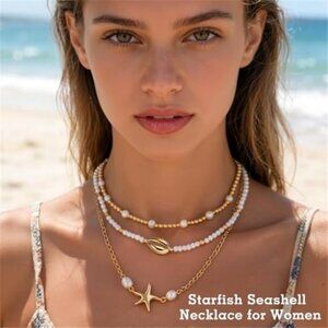 Starfish Seashell Necklace for Women, 3 Layers Stacked Summer Beach